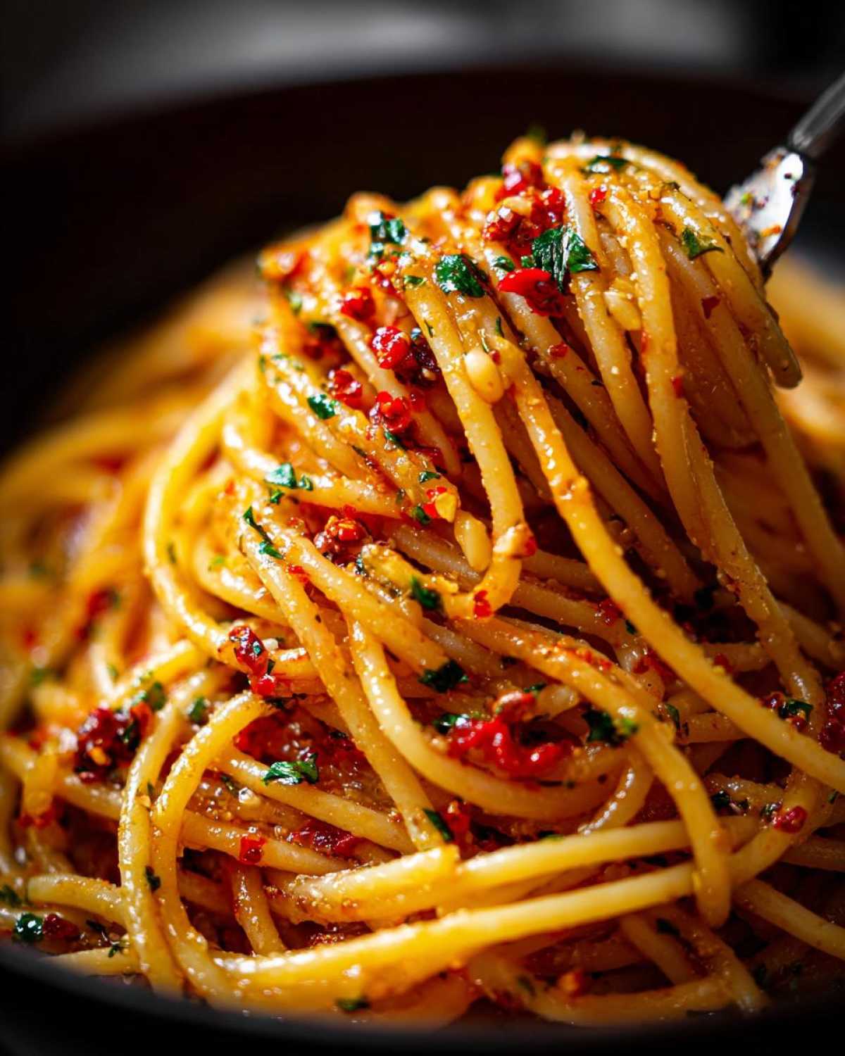 Zbliżenie na porcję makaronu aglio e olio z czosnkiem, chili i natką pietruszki.