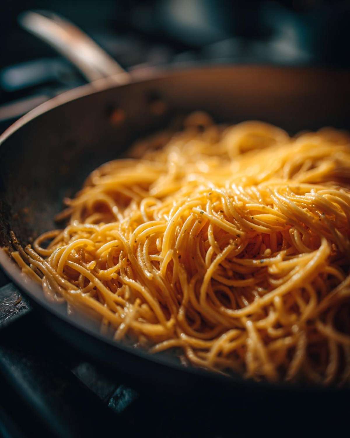 Zbliżenie na makaron aglio e olio w patelni, gotowy do podania.