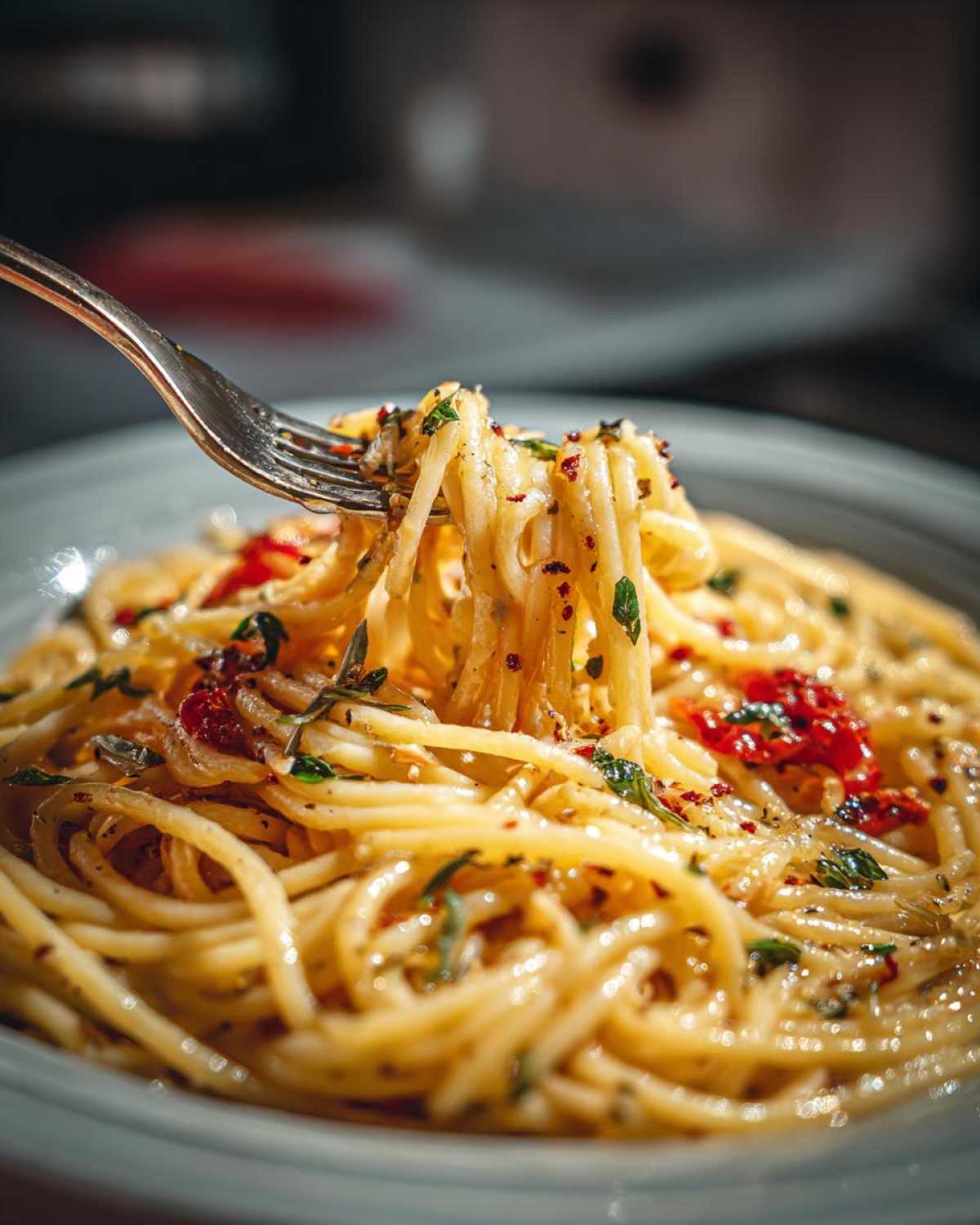 Widok z bliska na makaron aglio e olio zawinięty na widelcu, z dodatkiem ziół i papryczki chili.