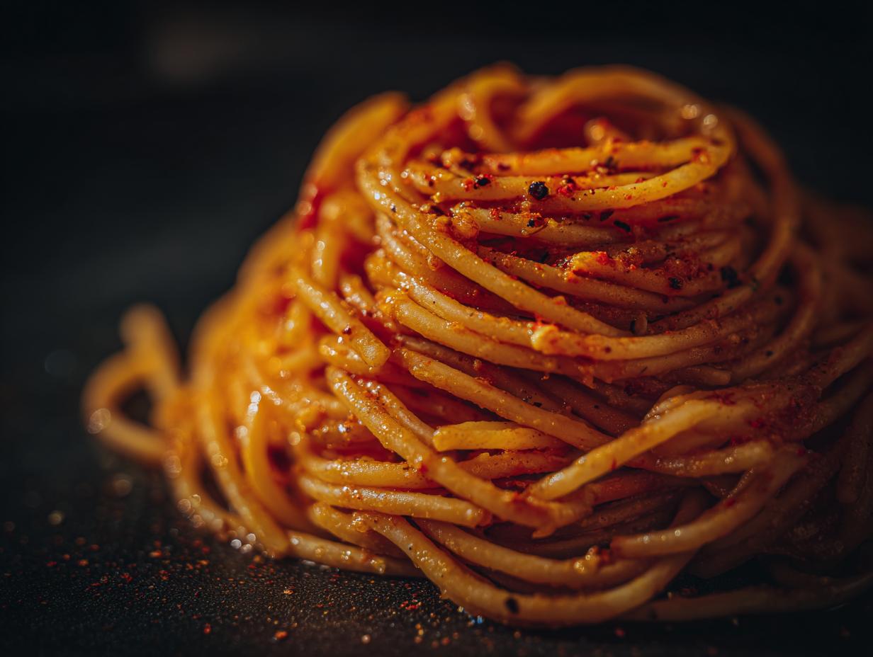 Zbliżenie na porcję makaronu aglio e olio, posypanego papryką i pieprzem.