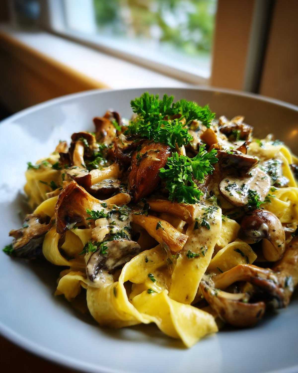 Makaron z grzybami w kremowym sosie, udekorowany świeżą natką pietruszki.