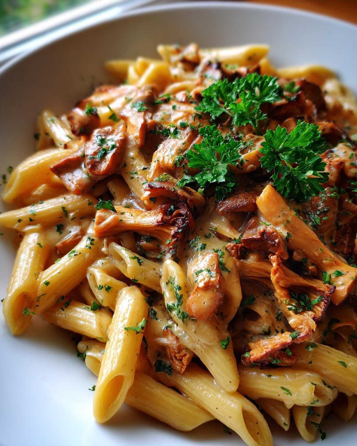 Makaron z kurkami w kremowym sosie, udekorowany natką pietruszki.
