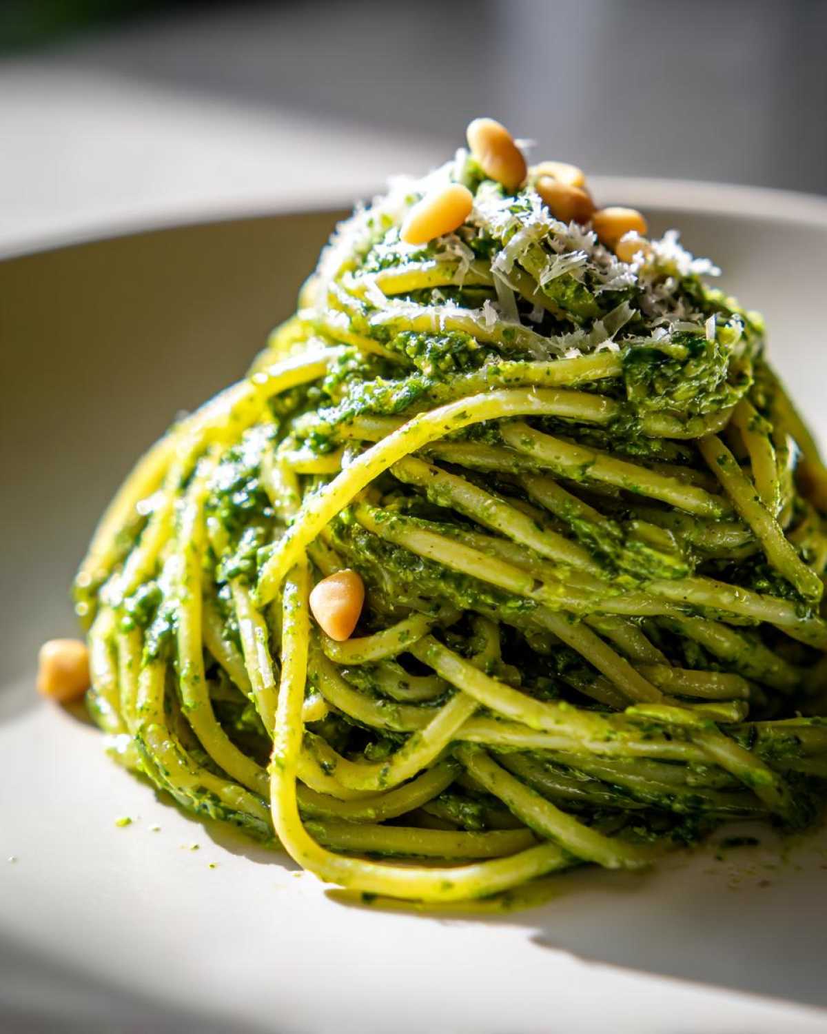 Zbliżenie na porcję makaronu z pesto bazyliowym, posypanego parmezanem i orzeszkami pinii.