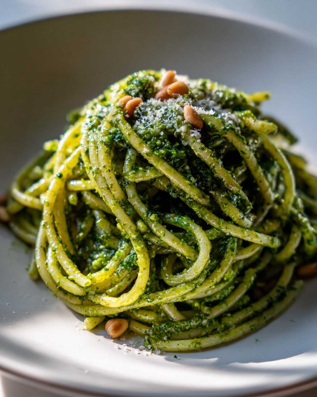 Zbliżenie na talerz z makaronem z pesto bazyliowym, posypany parmezanem i orzeszkami pinii.
