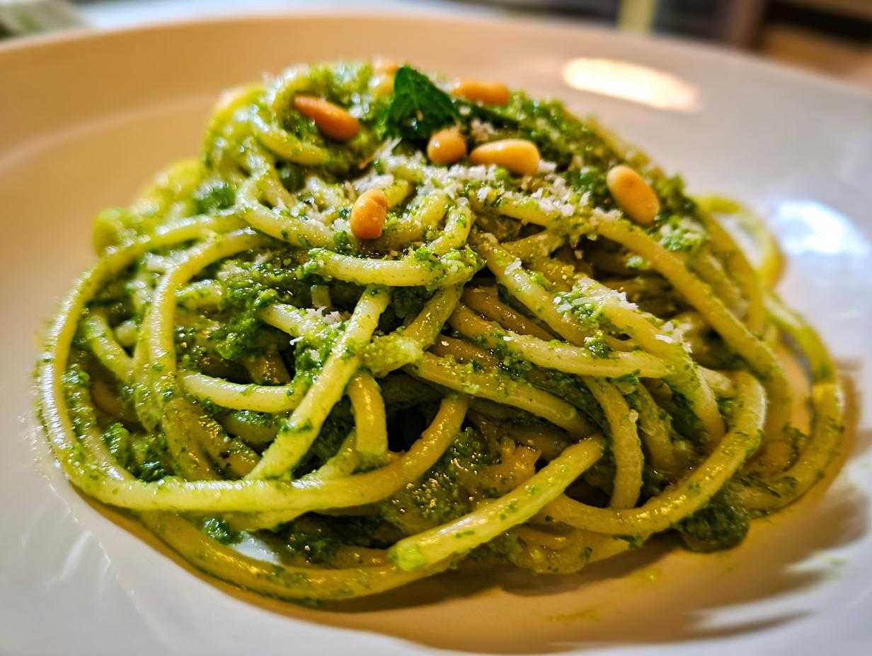 Szybki makaron z pesto bazyliowym, udekorowany orzeszkami pinii i startym parmezanem.