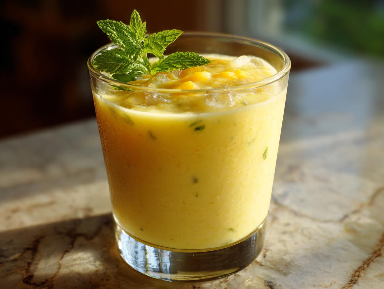 Szklanka orzeźwiającego mango lassi koktajlu indyjskiego, ozdobiona świeżą miętą.