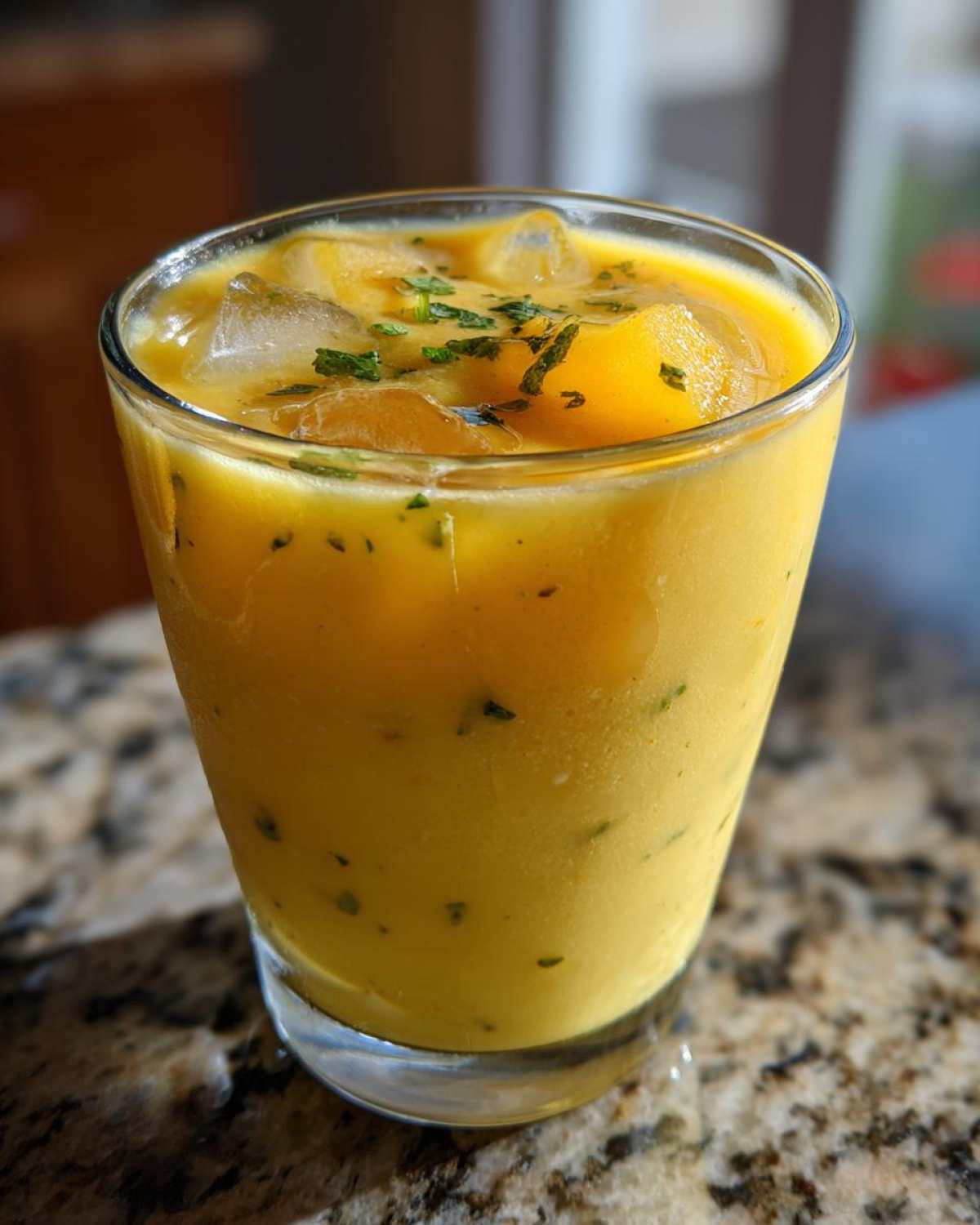 Szklanka orzeźwiającego mango lassi koktajlu indyjskiego z kostkami lodu i posiekaną miętą.