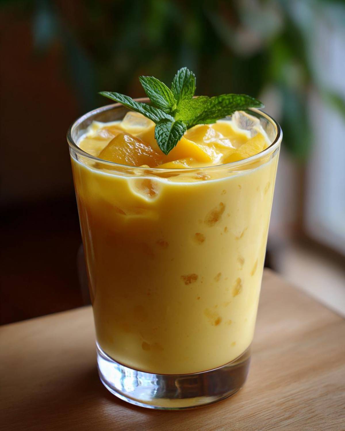Szklanka orzeźwiającego mango lassi koktajlu indyjskiego z kostkami lodu i listkami mięty.