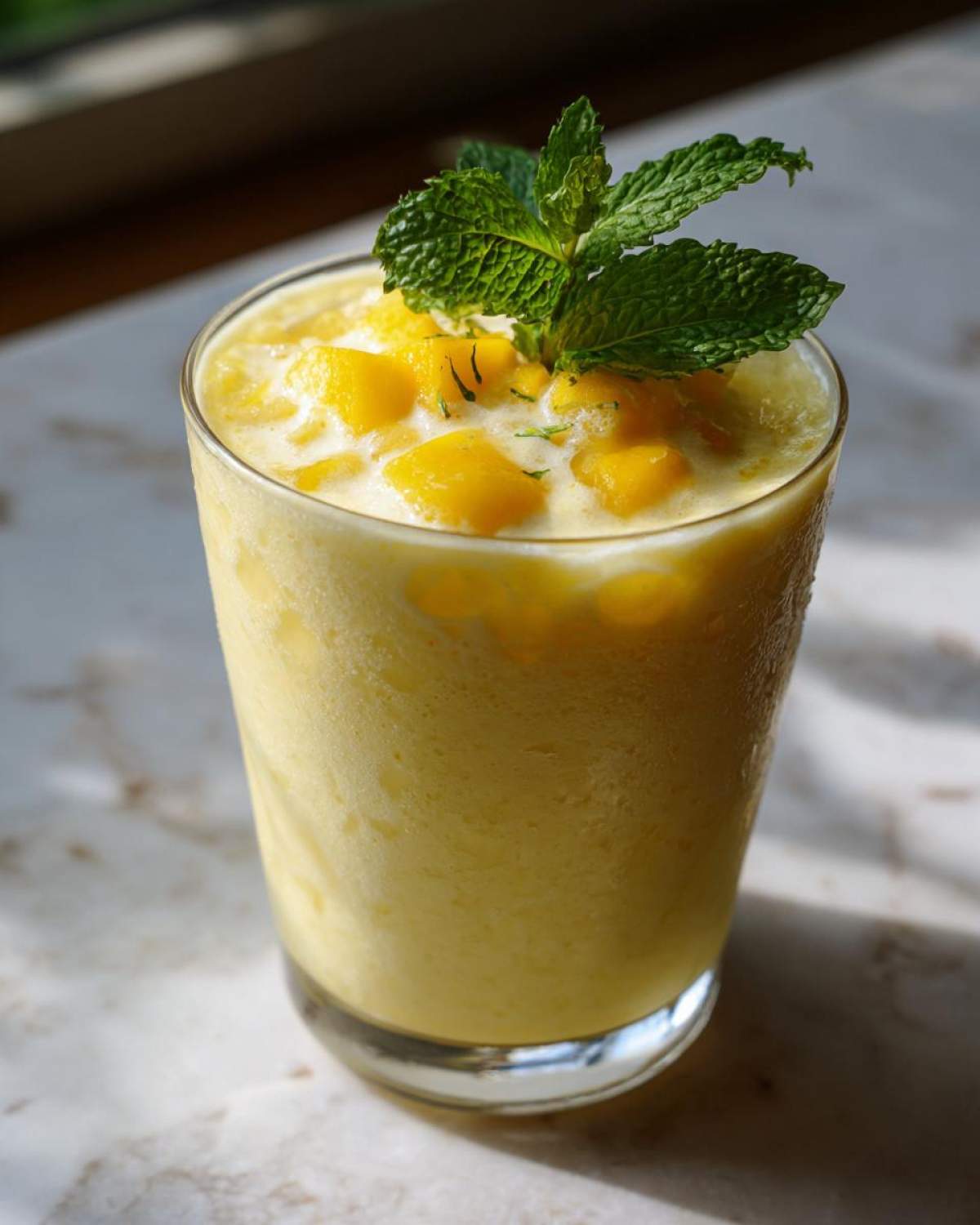 Szklanka orzeźwiającego mango lassi koktajlu indyjskiego z kawałkami mango i miętą.