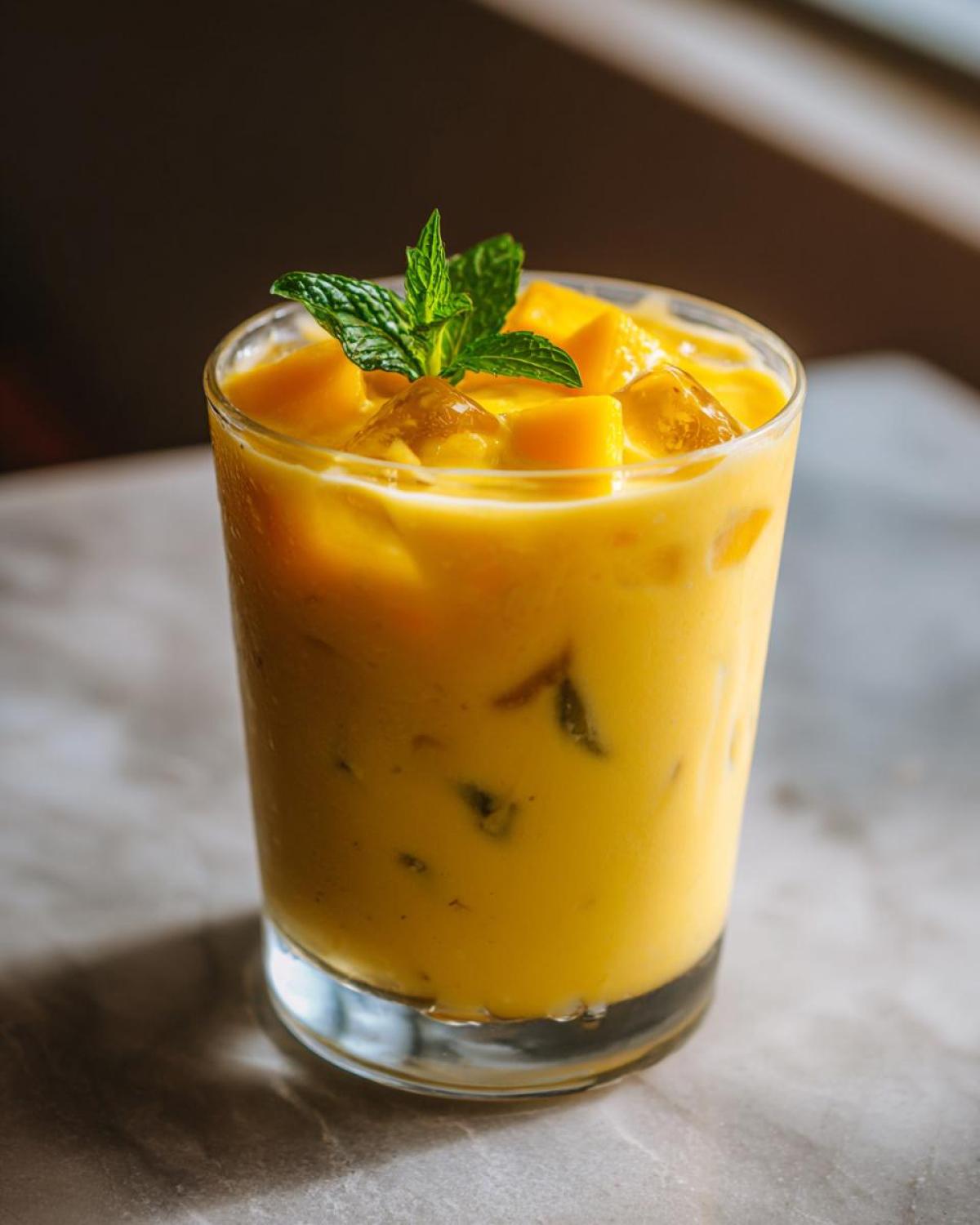 Szklanka orzeźwiającego mango lassi koktajlu indyjskiego z kostkami lodu, kawałkami mango i miętą.