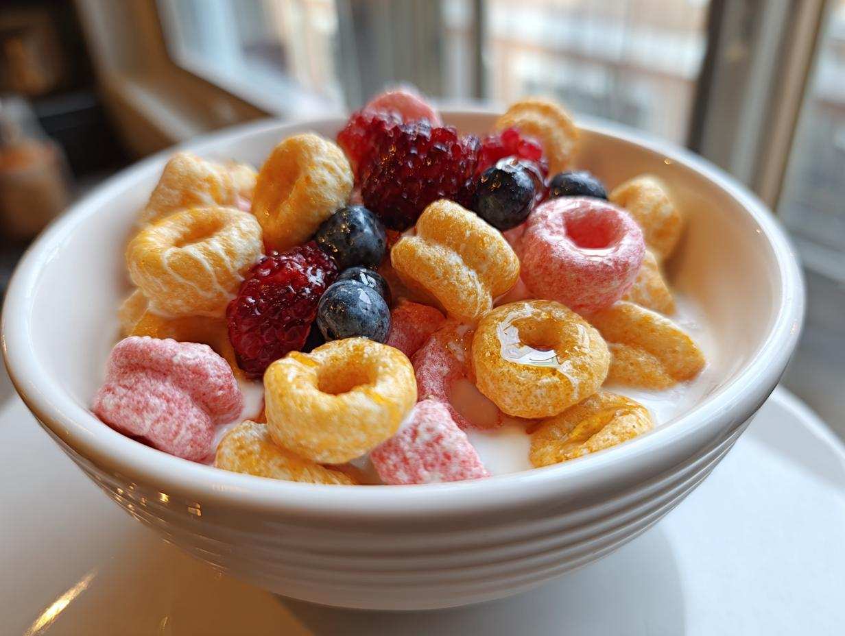 Miseczka kolorowych mini naleśników z TikToka pancake cereal z malinami i borówkami polana mlekiem.