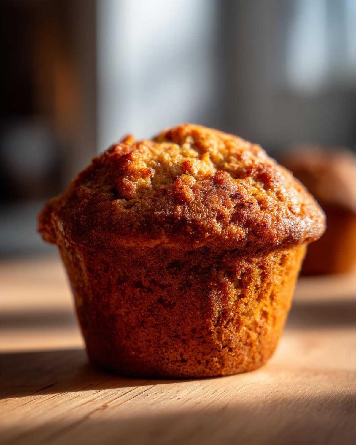 Zbliżenie na apetyczny, złocisty muffinek dyniowy na drewnianym blacie, idealny na jesień.