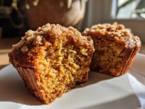 Zbliżenie na przekrojone muffiny dyniowe z cynamonem, z kruszonką na wierzchu.