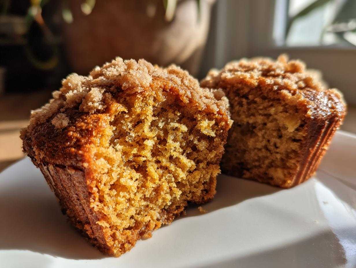 Zbliżenie na przekrojone muffiny dyniowe z cynamonem, z kruszonką na wierzchu.