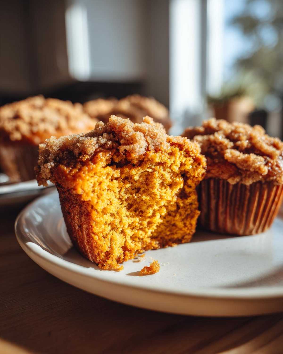 Przekrojony muffinek dyniowy z cynamonem na talerzyku, widoczny puszysty środek i kruszonka.