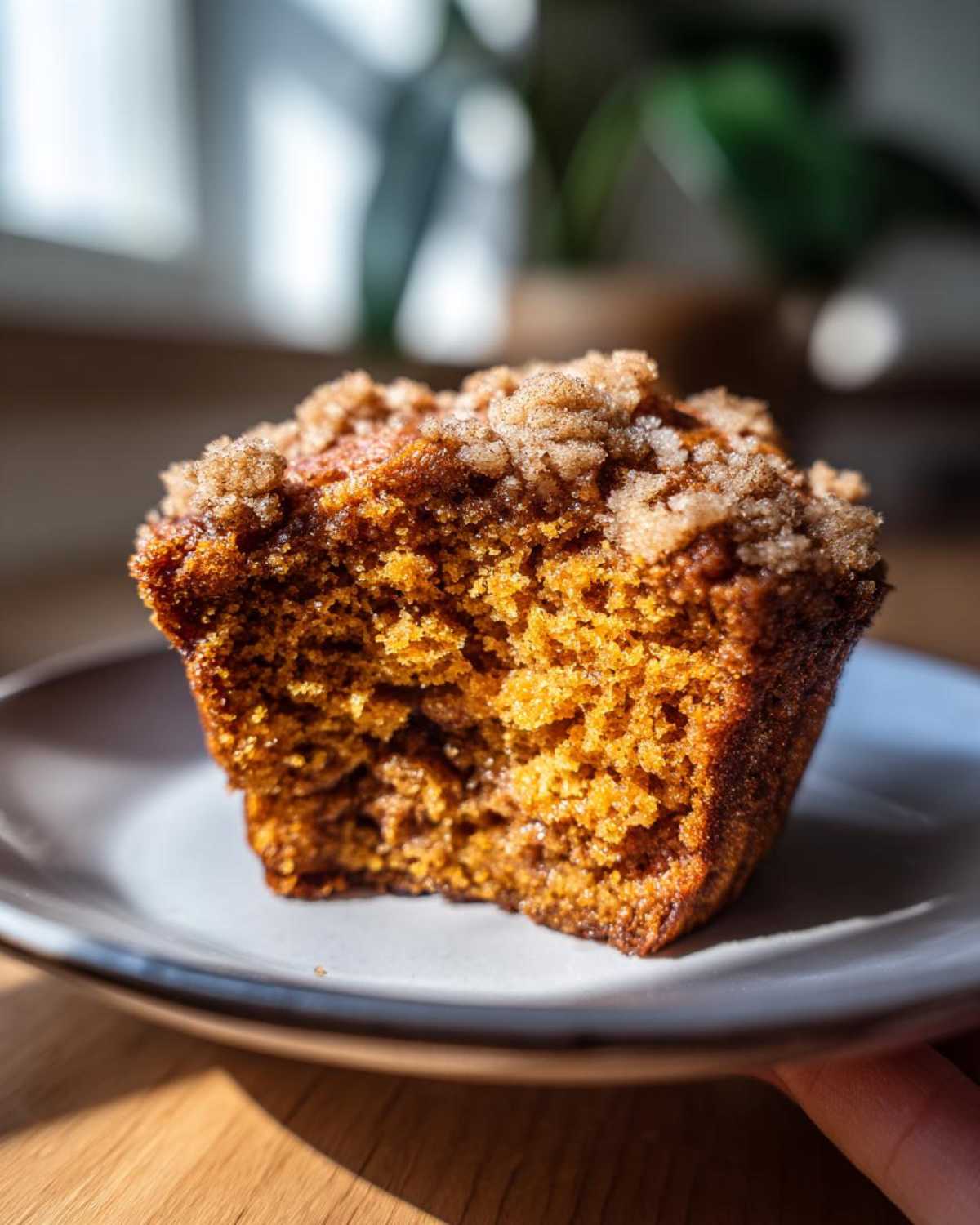 Zbliżenie na przekrojonego muffina dyniowego z cynamonem, z widoczną wilgotną strukturą i kruszonką na wierzchu.