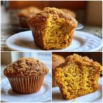 Zbliżenie na pyszne muffiny dyniowe z cynamonem, jedna z nich jest przekrojona, ukazując wilgotne wnętrze.