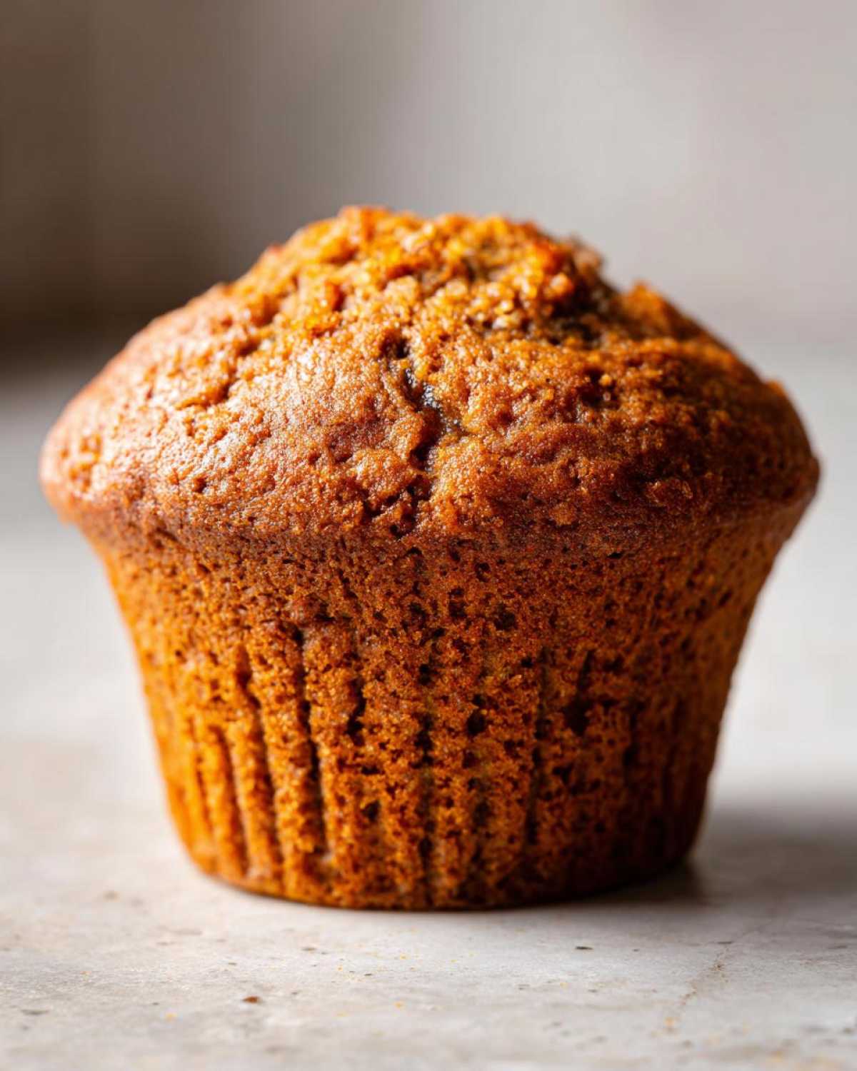 Zbliżenie na puszysty muffinek dyniowy z chrupiącą skórką, idealny na jesień.