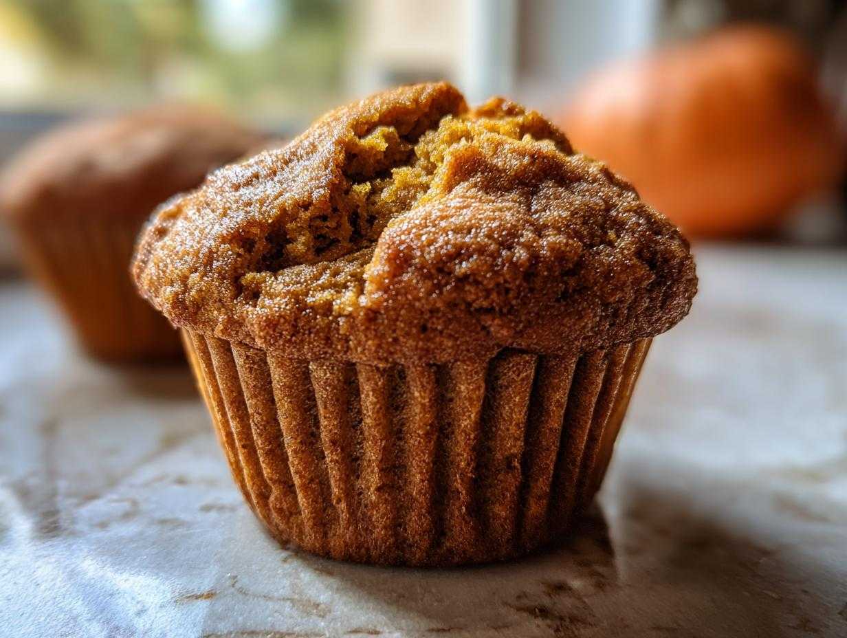 Zbliżenie na puszysty muffinek dyniowy, z widocznymi żebrowaniami papilotki i delikatnym cukrem pudrem na wierzchu.