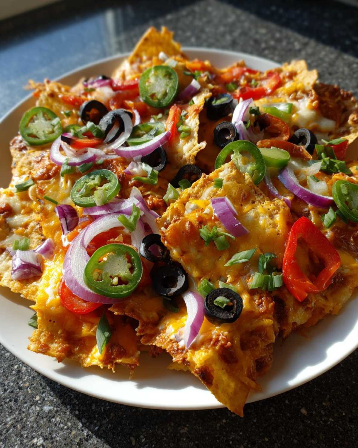 Nachos z serem, jalapeno, oliwkami, cebulą i papryką na białym talerzu.