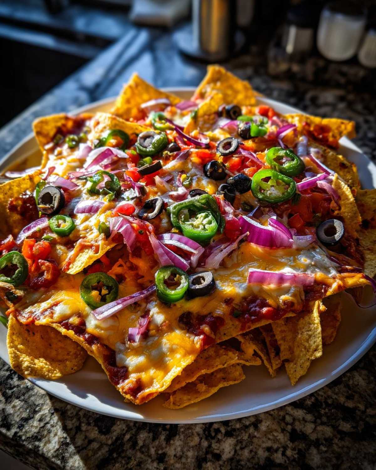 Zbliżenie na talerz nachos z serem, jalapeño, oliwkami i czerwoną cebulą.