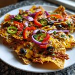 Pyszne Nachos z serem, papryką, oliwkami i jalapeño na białym talerzu.
