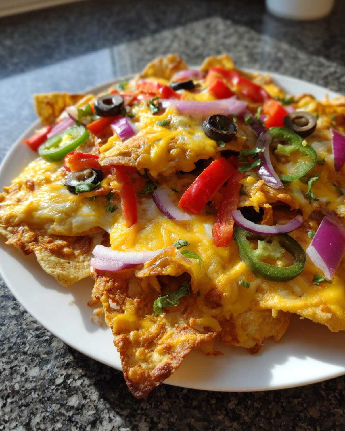 Zbliżenie na talerz pełen nachos z serem, papryką, cebulą, oliwkami i jalapeño.