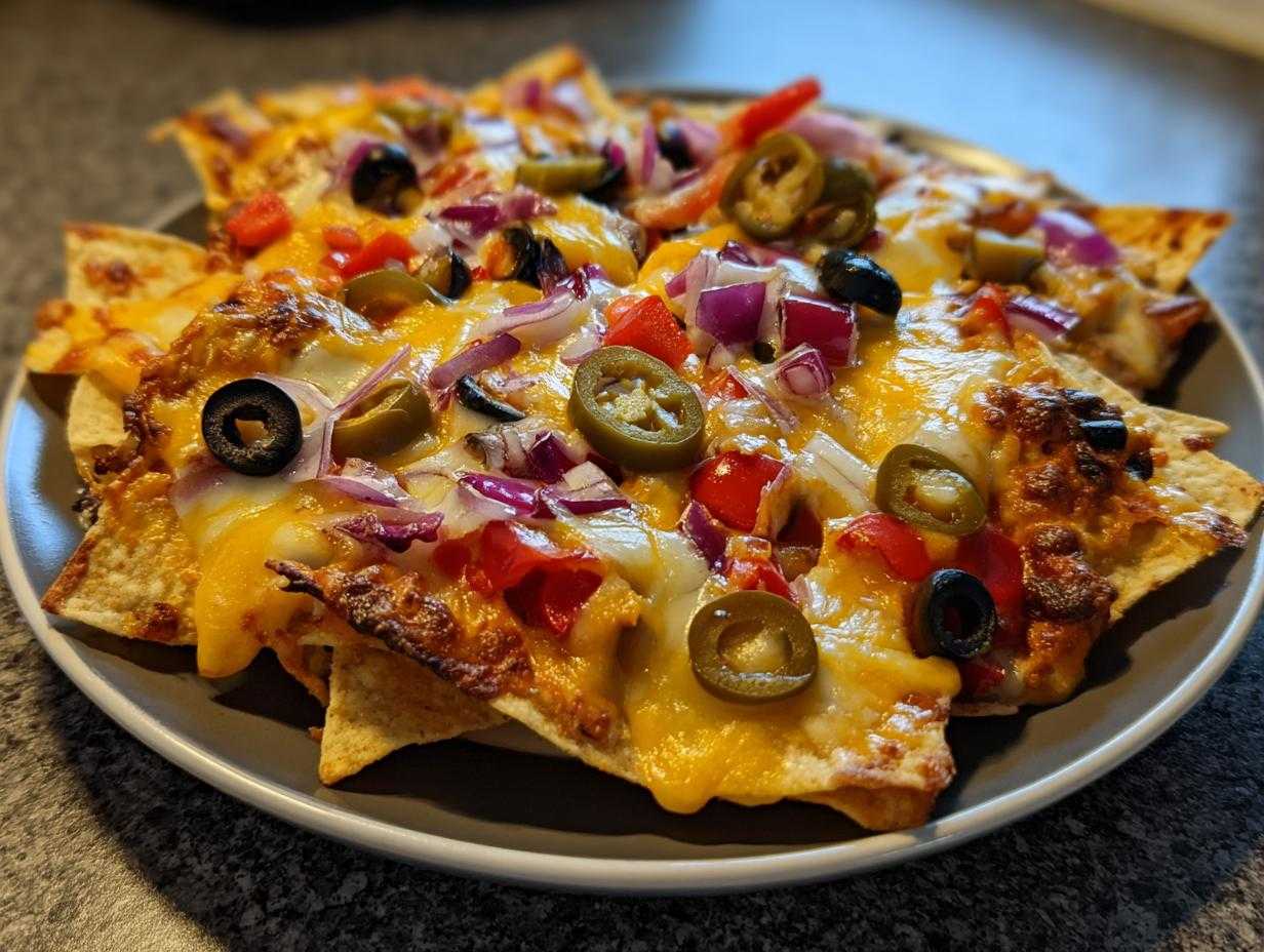 Zbliżenie na talerz pełen nachos z serem, jalapeño, cebulą i oliwkami.