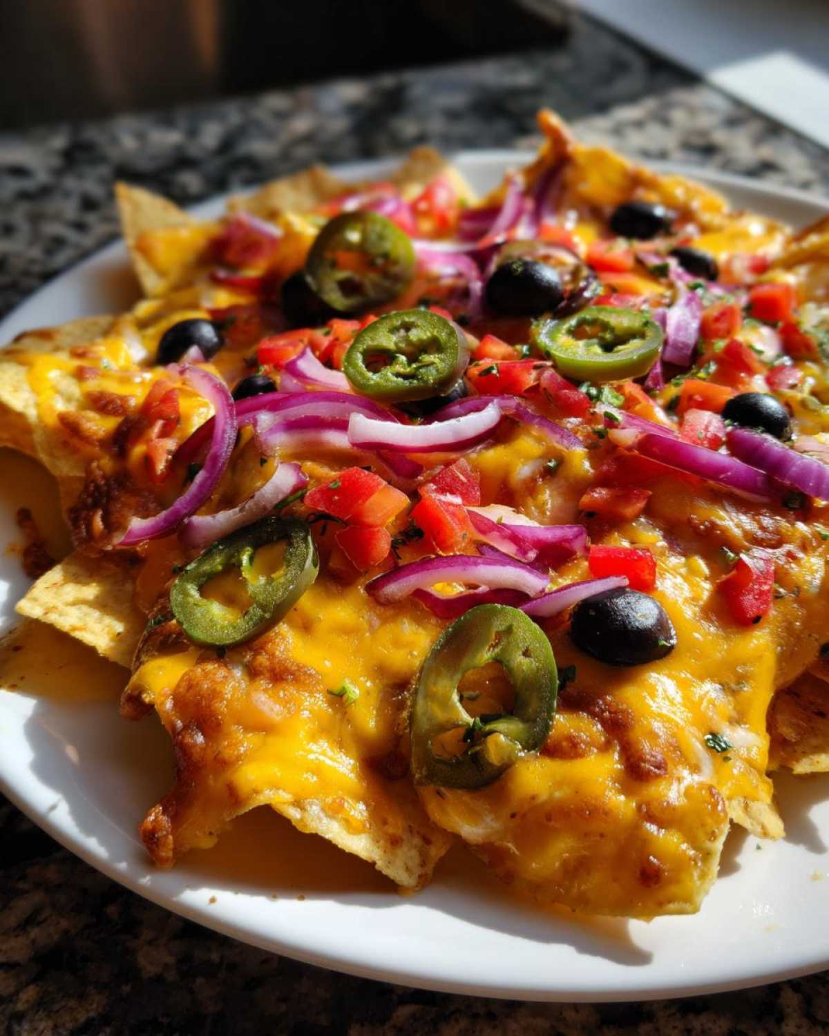 Zbliżenie na talerz z pysznymi nachos z serem, pomidorami, cebulą, oliwkami i papryczkami jalapeno.