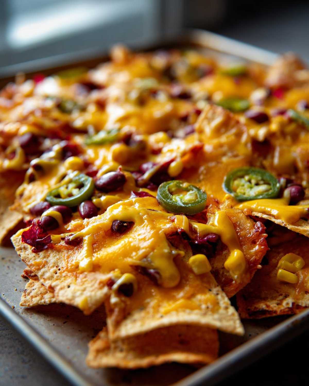Zbliżenie na nachos zapiekane z serem, fasolą, kukurydzą i jalapeno na blasze.