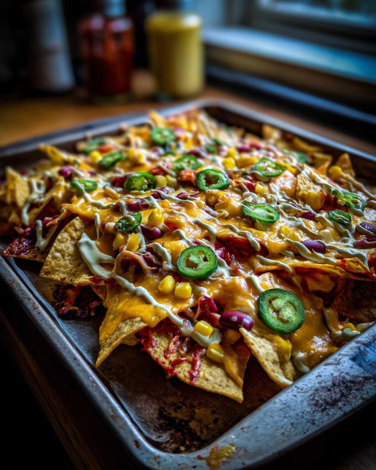 Zbliżenie na nachos zapiekane z serem, fasolą, kukurydzą i papryczkami jalapeno na blasze.