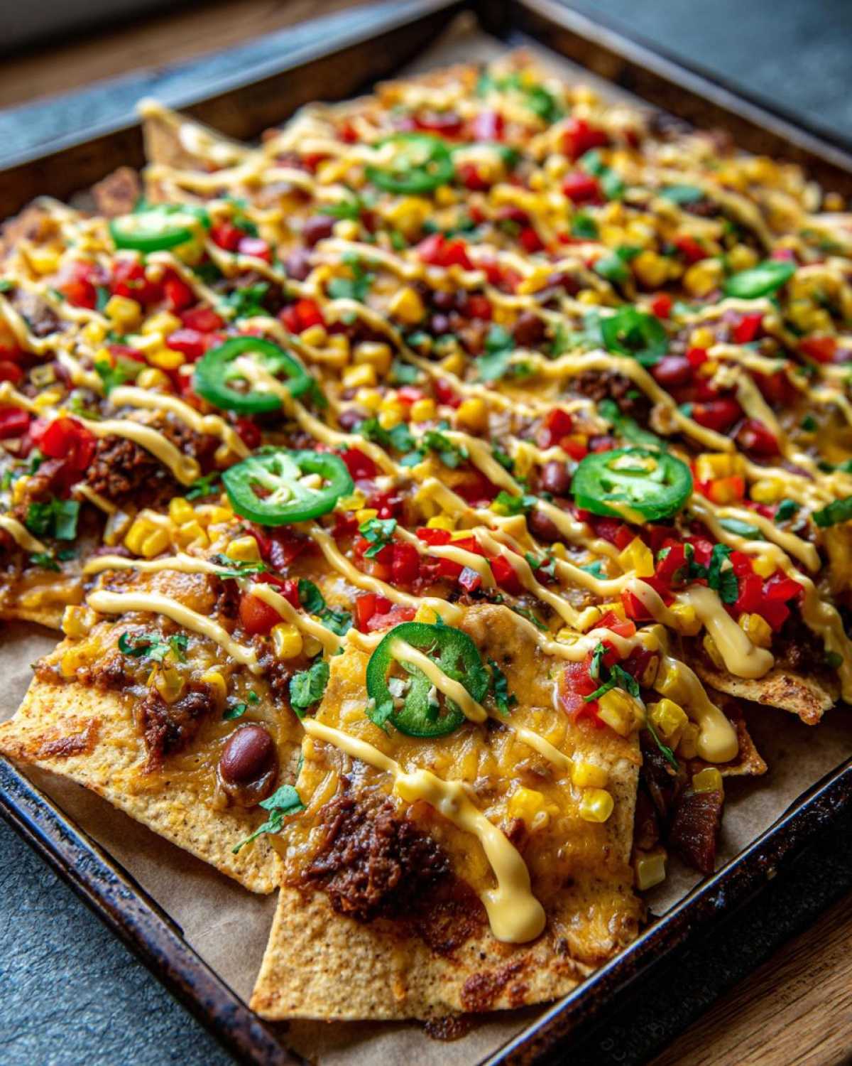 Nachos zapiekane z serem, mięsem mielonym, fasolą, kukurydzą i jalapeño na blasze.
