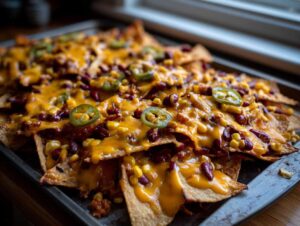Zbliżenie na nachos zapiekane z serem, fasolą, kukurydzą i jalapeno na blasze.
