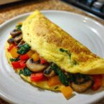 Omlet białkowy z warzywami: pieczarki, papryka i szpinak, podany na talerzu.