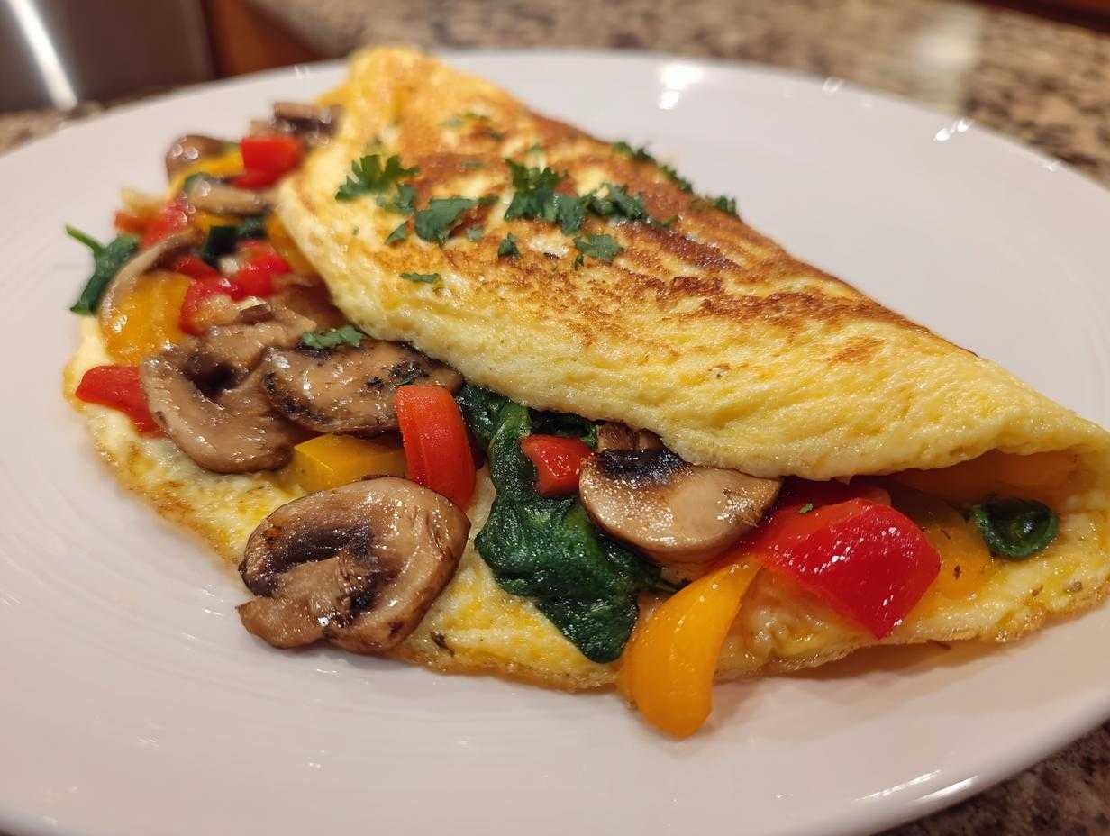 Gotowy omlet białkowy z warzywami, w tym pieczarkami, papryką i szpinakiem, posypany natką pietruszki.