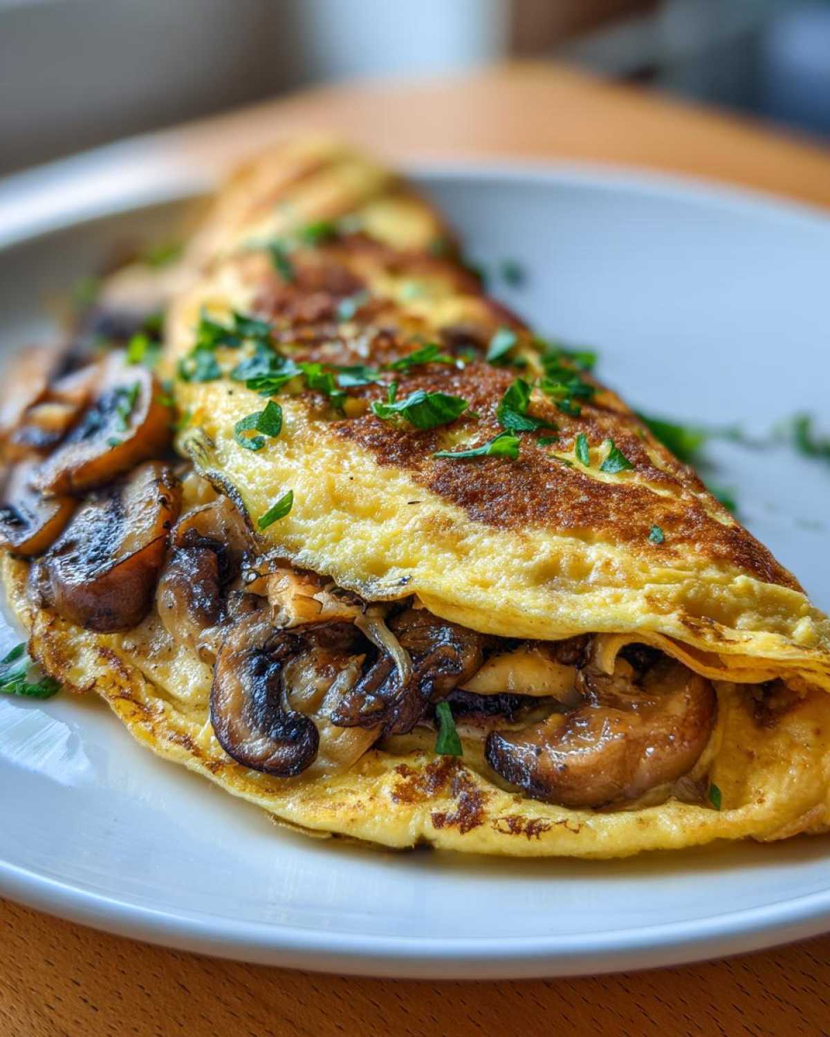 Puszysty omlet z pieczarkami, posypany świeżą natką pietruszki, podany na białym talerzu.