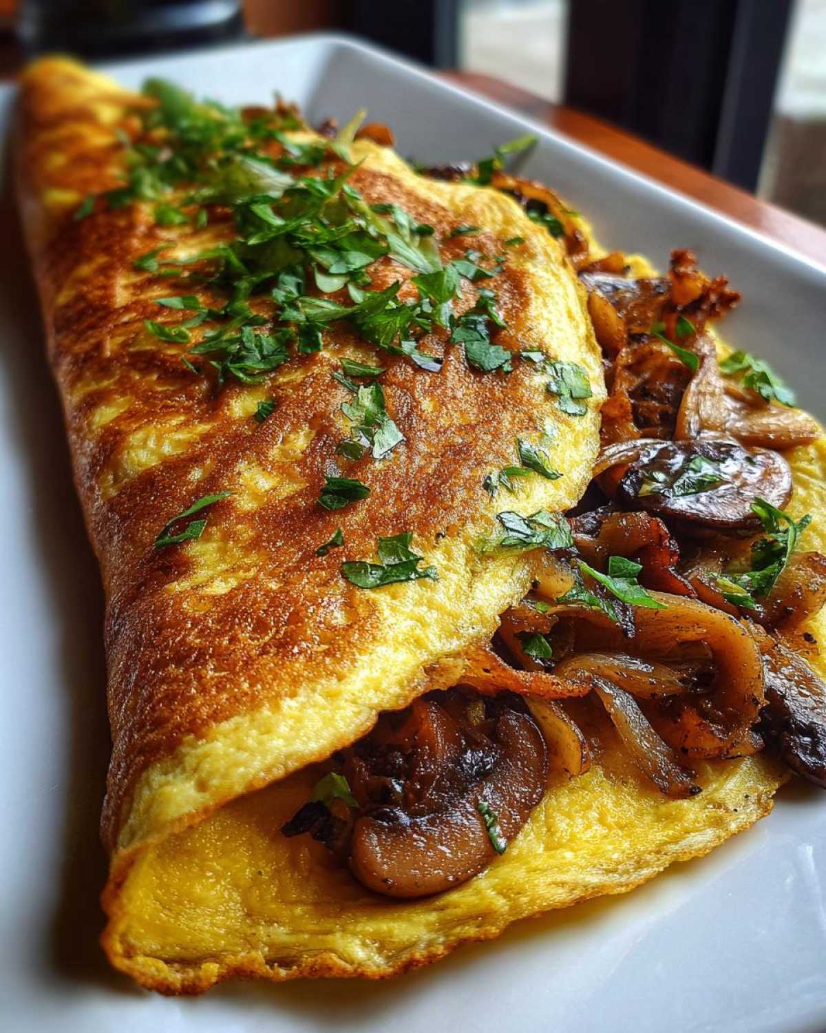 Złocisty, puszysty omlet z pieczarkami i cebulką, posypany świeżą natką pietruszki.