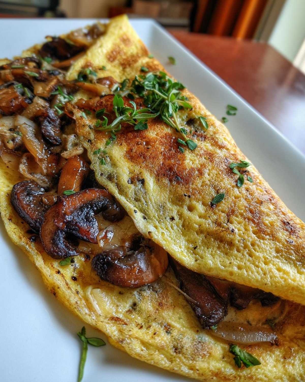 Puszysty omlet z pieczarkami i cebulą, udekorowany świeżym tymiankiem.