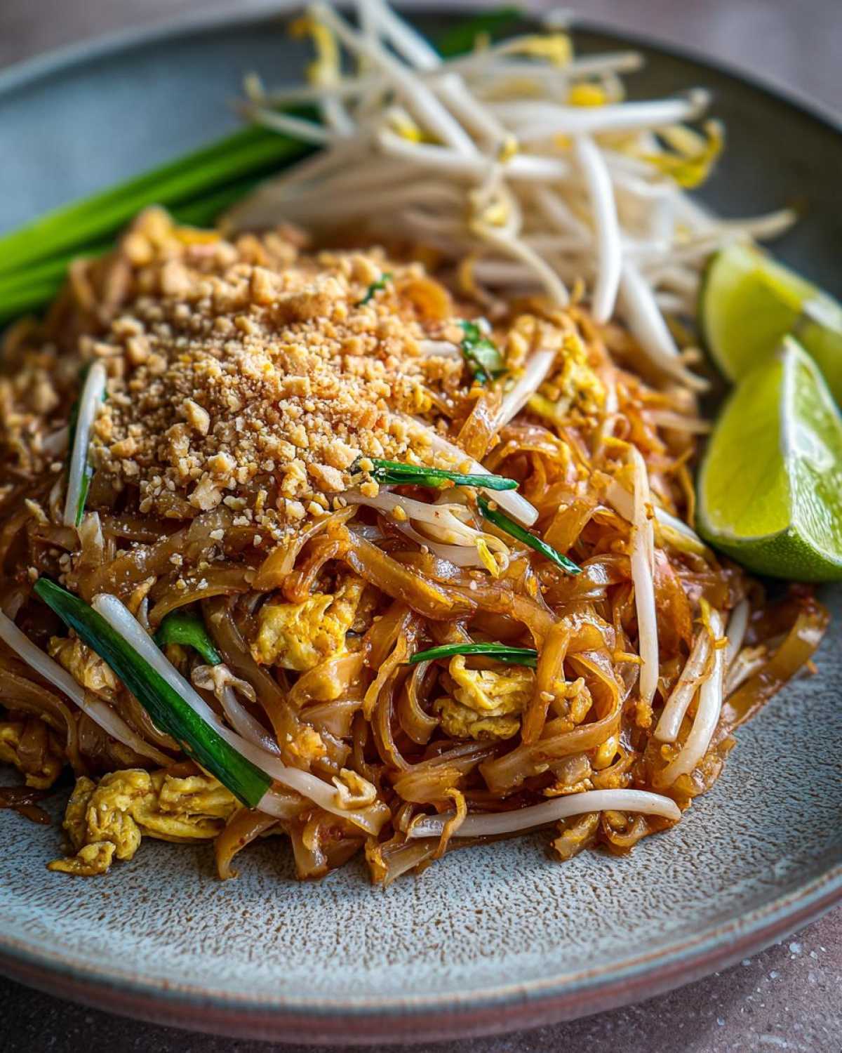 Zbliżenie na talerz z Pad Thai Klasyczny, udekorowany orzeszkami ziemnymi, szczypiorkiem, kiełkami fasoli mung i ćwiartkami limonki.