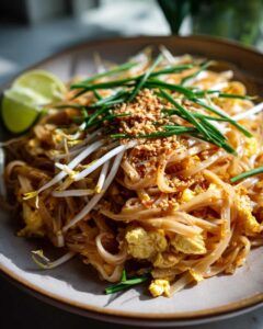 Zbliżenie na talerz z Pad Thai Klasycznym, z makaronem ryżowym, jajkiem, kiełkami fasoli mung, orzeszkami ziemnymi i szczypiorkiem.