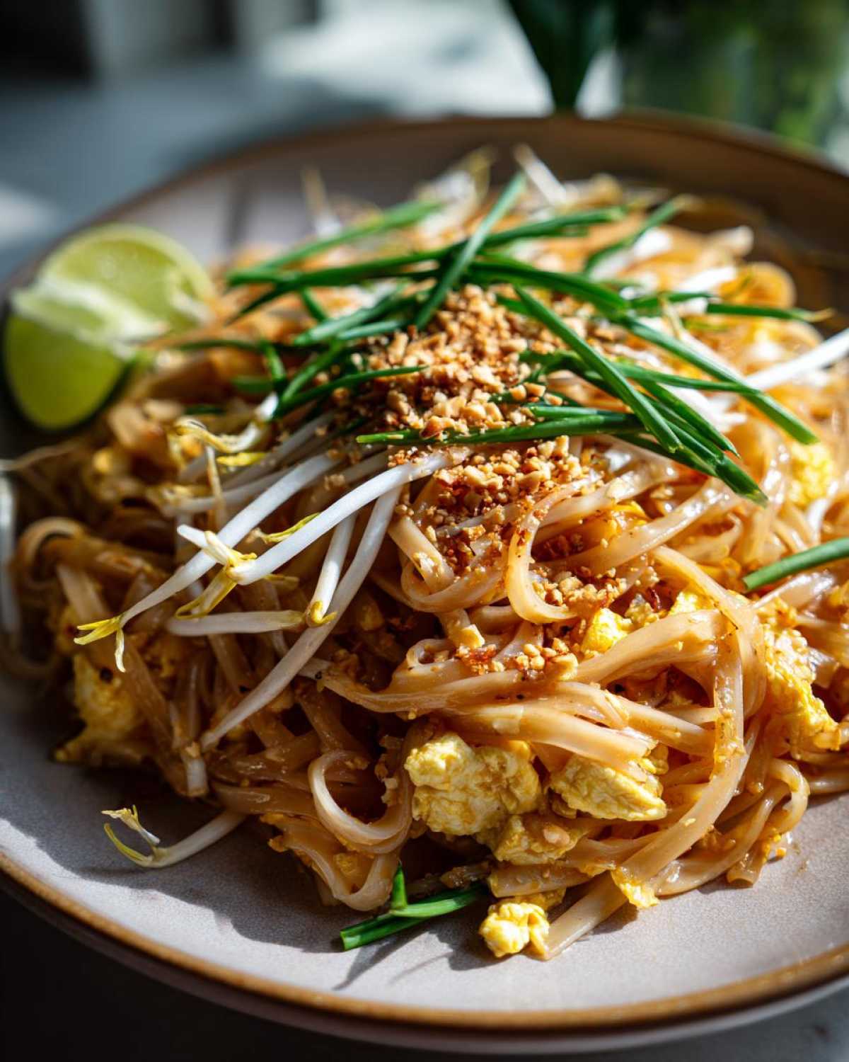 Zbliżenie na talerz z Pad Thai Klasycznym, z makaronem ryżowym, jajkiem, kiełkami fasoli mung, orzeszkami ziemnymi i szczypiorkiem.