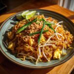 Talerz pełen Pad Thai Klasyczny z makaronem ryżowym, jajkiem, kiełkami fasoli mung i posiekanymi orzeszkami ziemnymi.