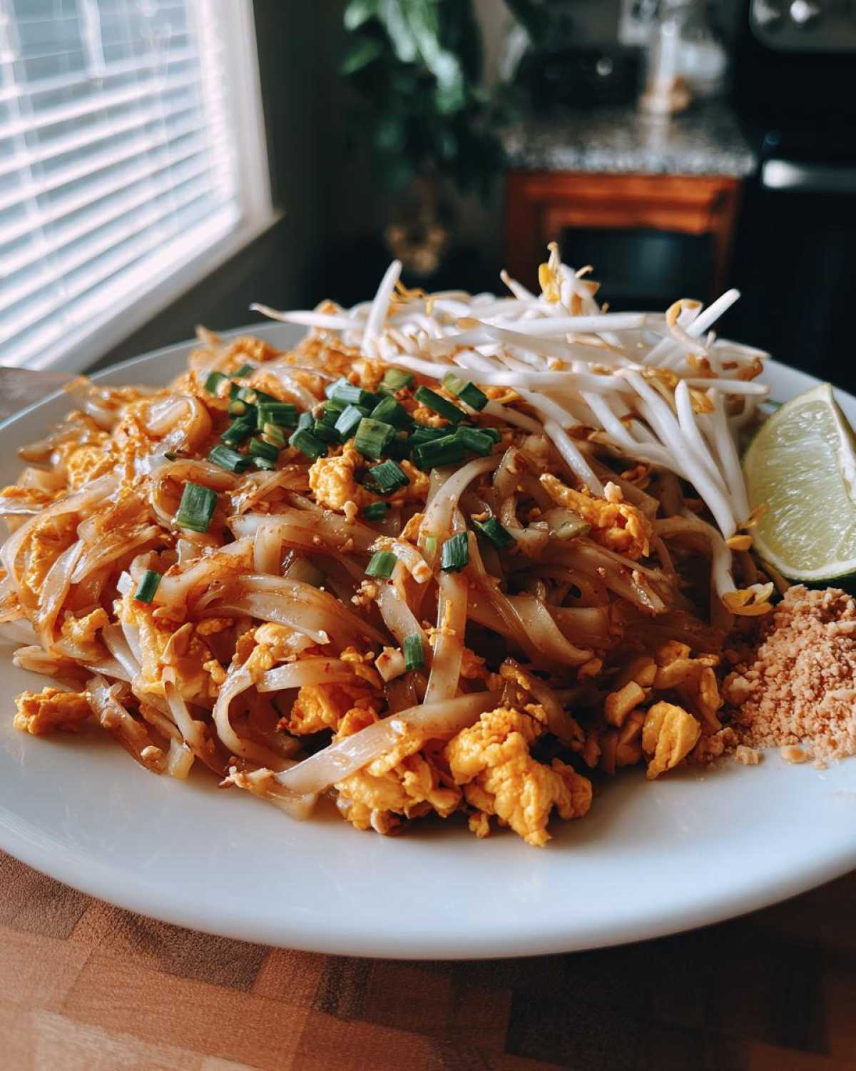 Talerz pełen Pad Thai Klasyczny z makaronem ryżowym, jajkiem, kiełkami fasoli mung, posypany szczypiorkiem i mielonymi orzeszkami ziemnymi, z ćwiartką limonki.