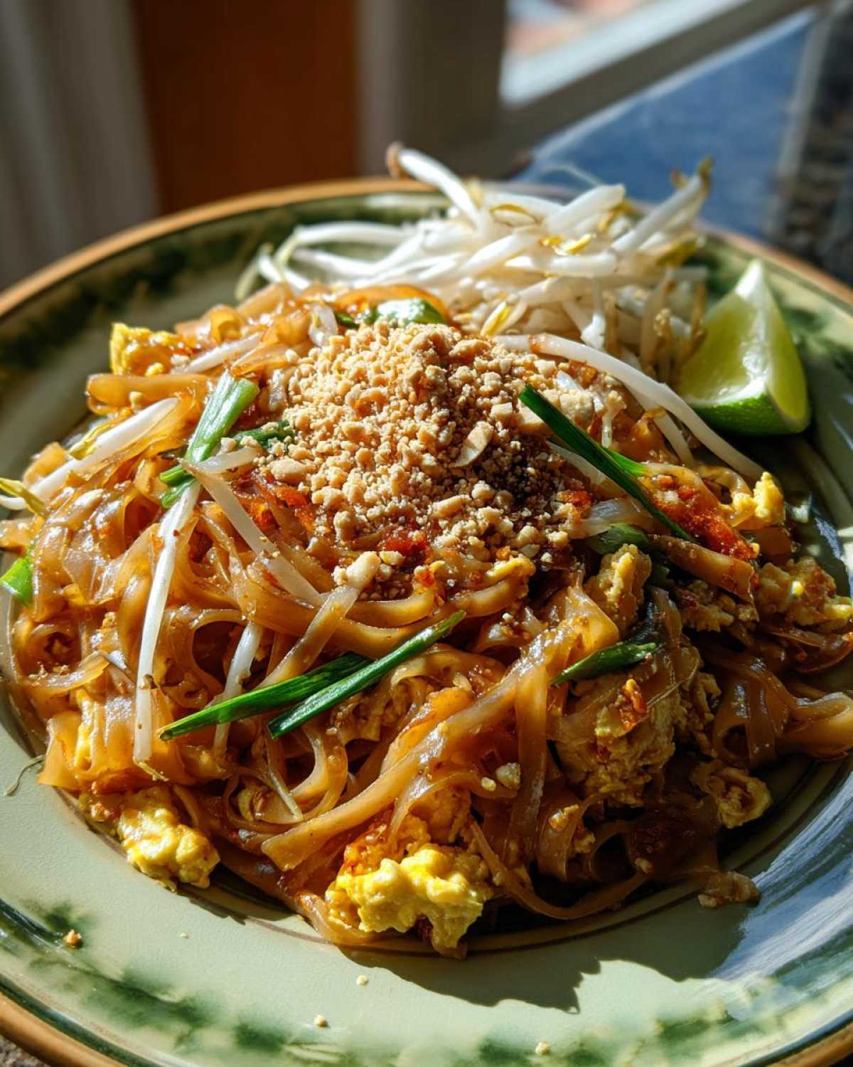 Zbliżenie na talerz z Pad Thai klasycznym, z makaronem ryżowym, jajkiem, kiełkami fasoli mung, orzeszkami ziemnymi i limonką.
