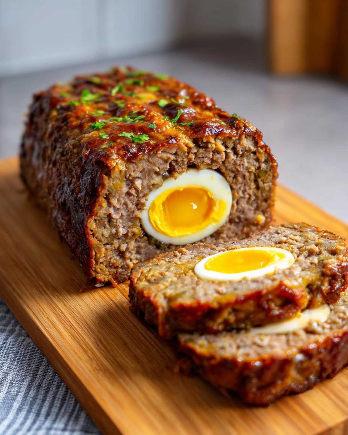 Pieczeń rzymska z jajkiem w środku, pokrojona na plastry, z widocznym żółtkiem.