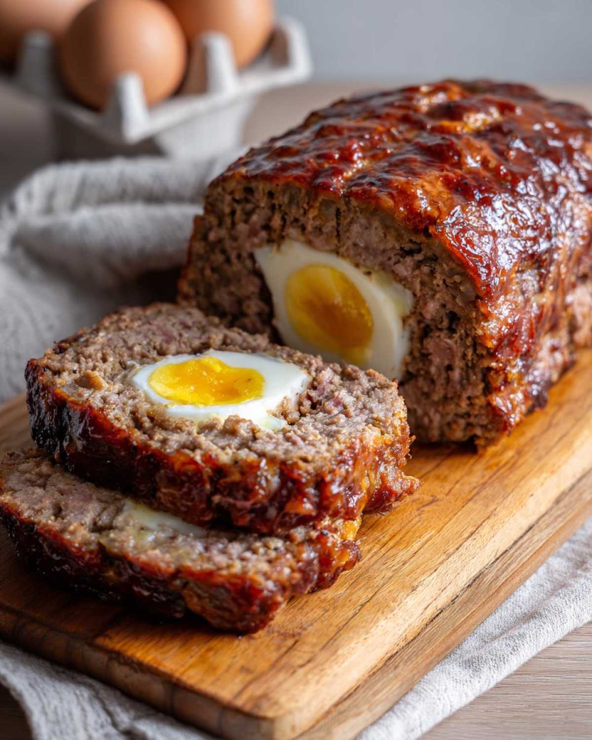 Pokrojona pieczeń rzymska z jajkiem w środku, polana sosem, na desce do krojenia.