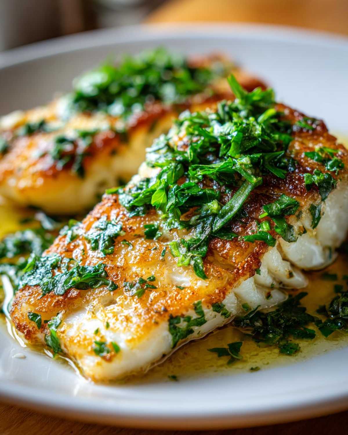 Dwa kawałki pieczonego dorsza z chrupiącą skórką, polane masłem i posypane świeżą natką pietruszki, idealne na Seafood Day.