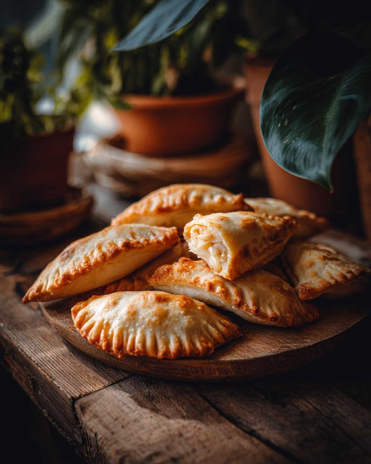 Złociste pierogi leniwe ułożone na drewnianej desce, jeden przekrojony.