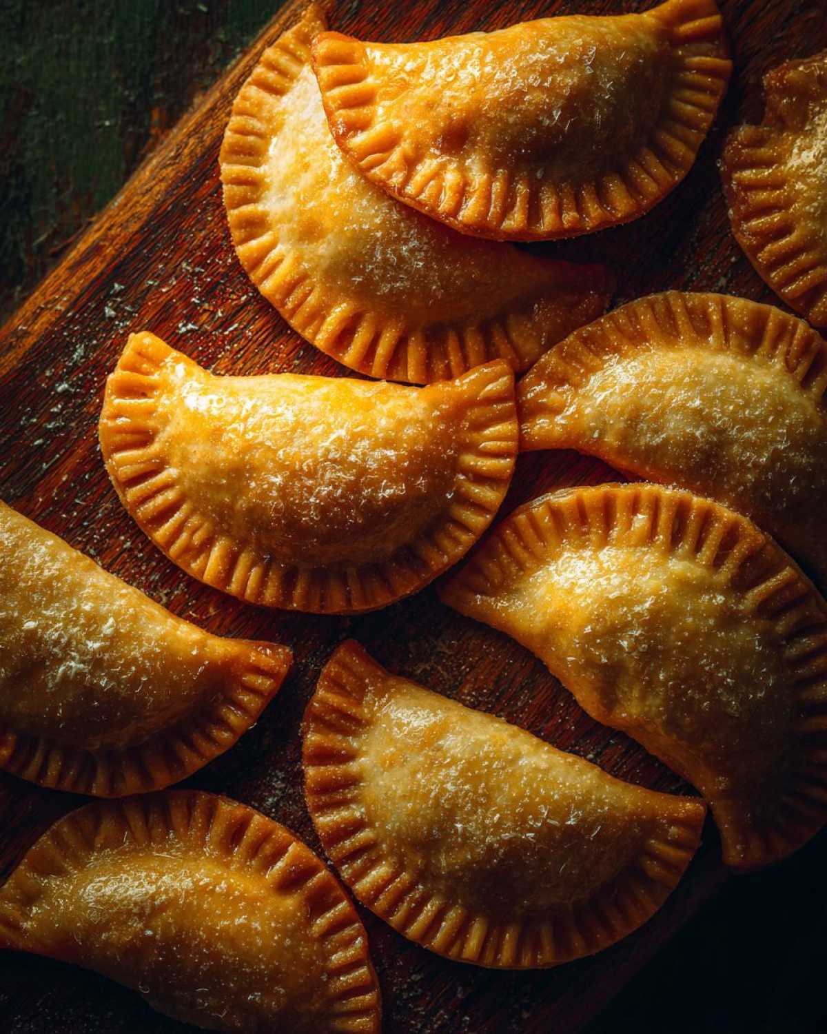 Zbliżenie na złociste pierogi leniwe ułożone na drewnianej desce, posypane cukrem pudrem.