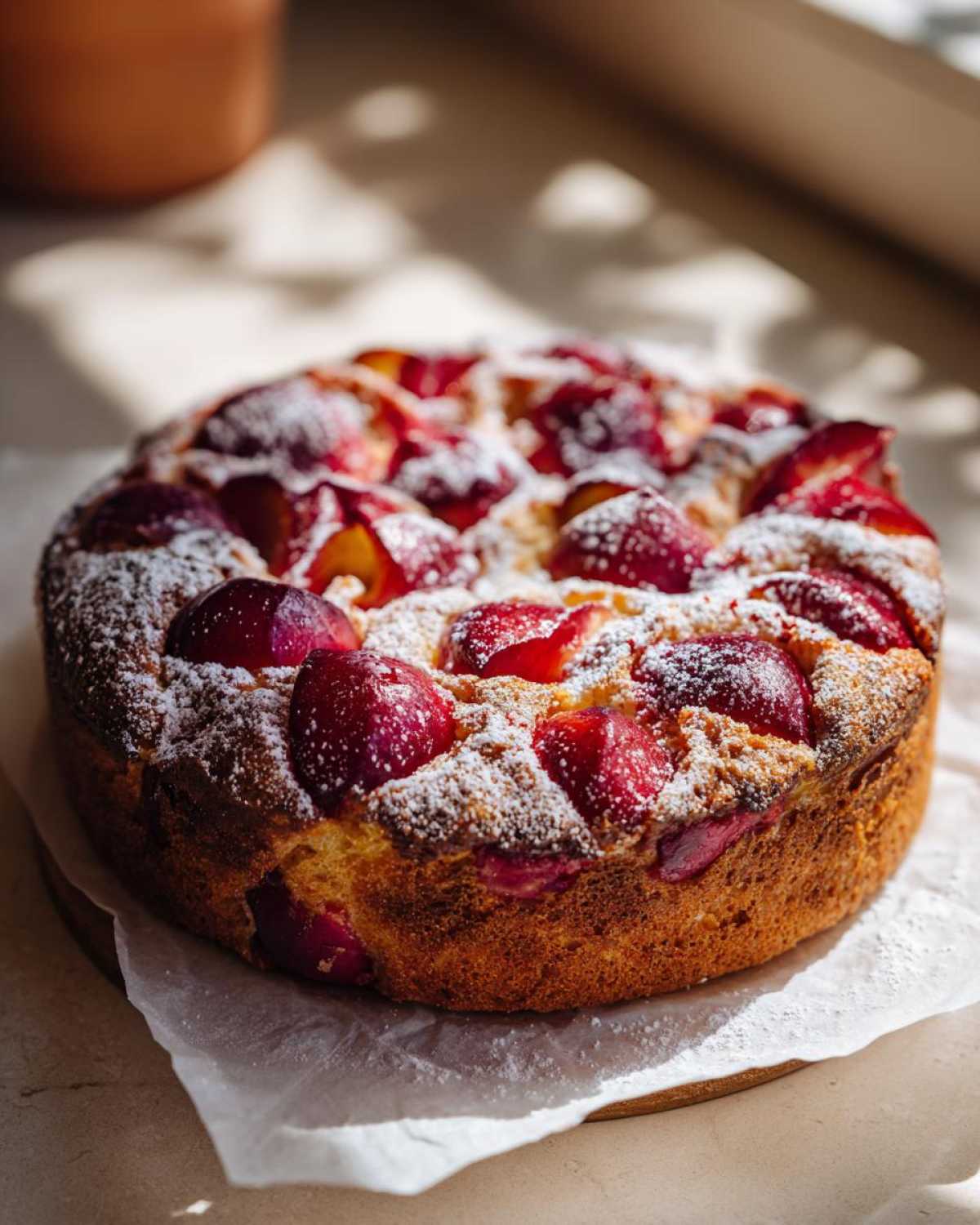 Pyszny placek ze śliwkami, posypany cukrem pudrem, na papierze do pieczenia.